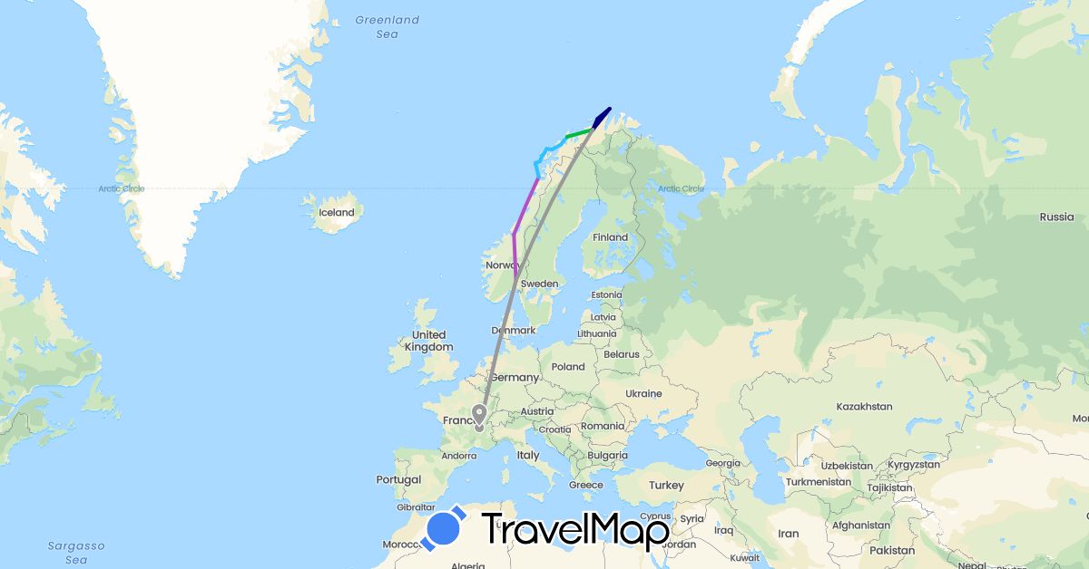 TravelMap itinerary: driving, bus, plane, train, boat in France, Norway (Europe)